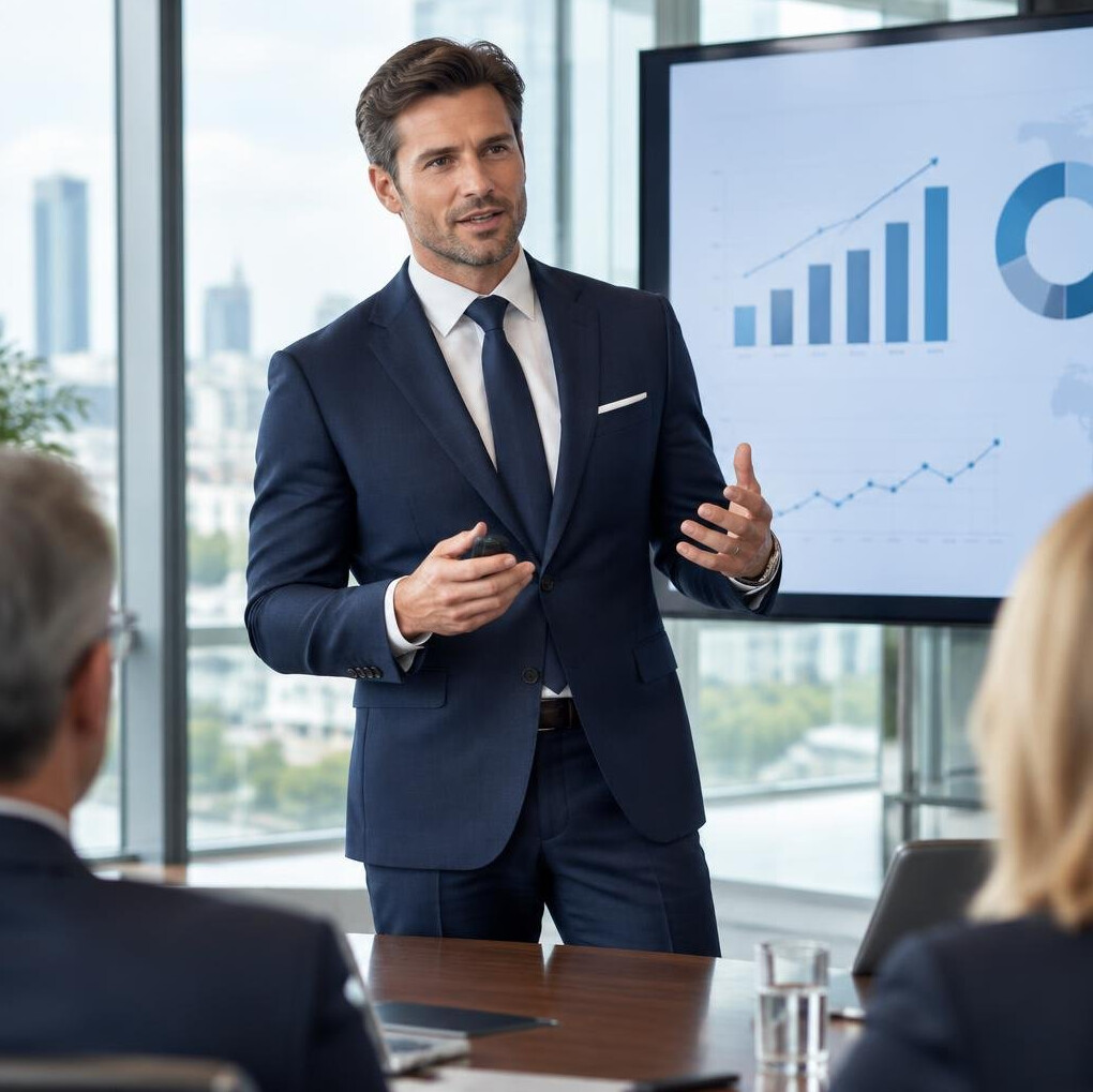 Businessman presenting a pitch to investors in a modern boardroom